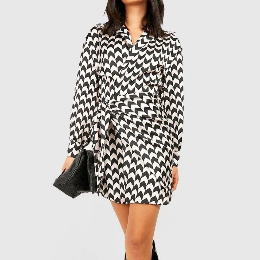 Chevron Patterned Black and Cream Satin Wrap Shirt Dress